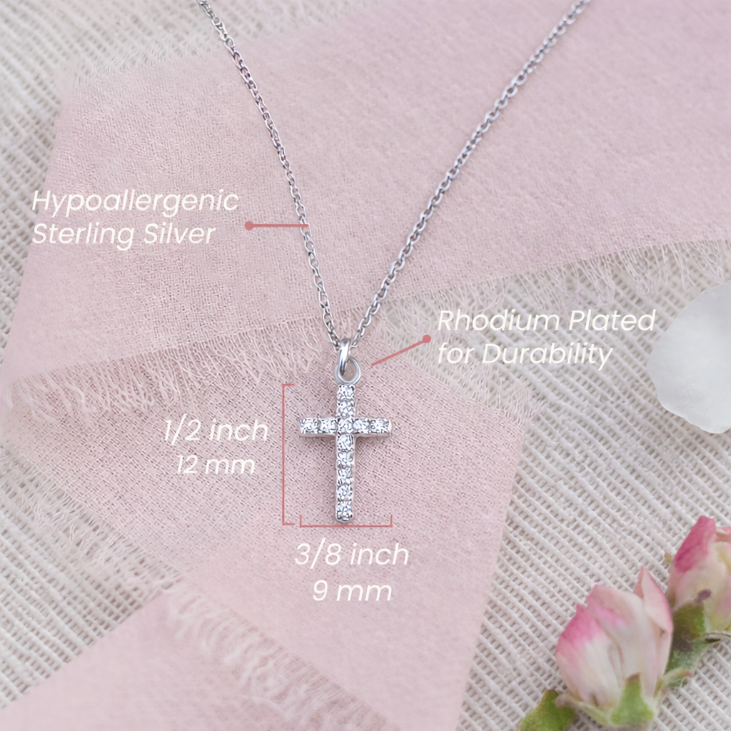 Girl's Sterling Silver Children's Pink CZ Cross Necklace Communion