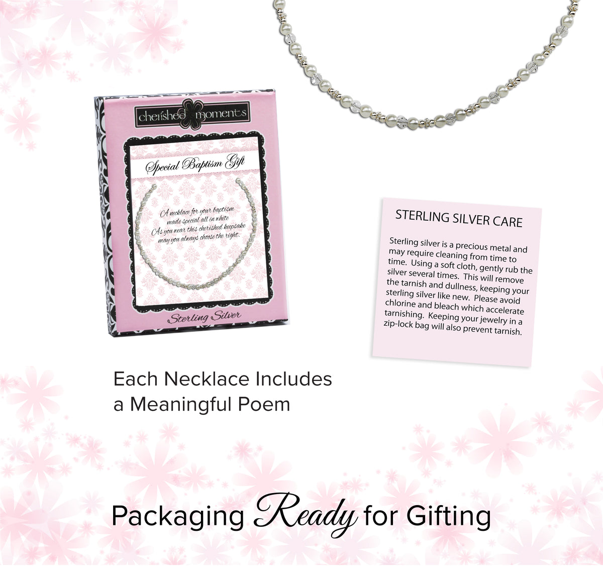 Sterling Silver LDS Baptism Necklace with Pearl and Crystals (6-12