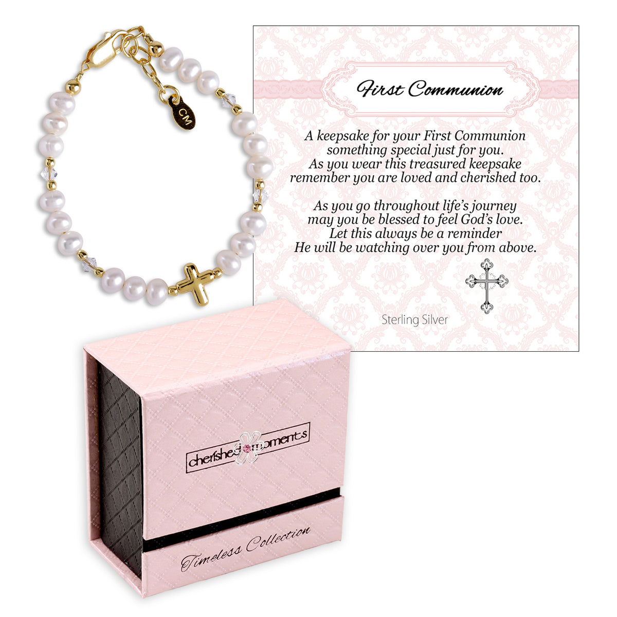 14K Gold-Plated Pearl Cross Bracelet First Communion Gift for