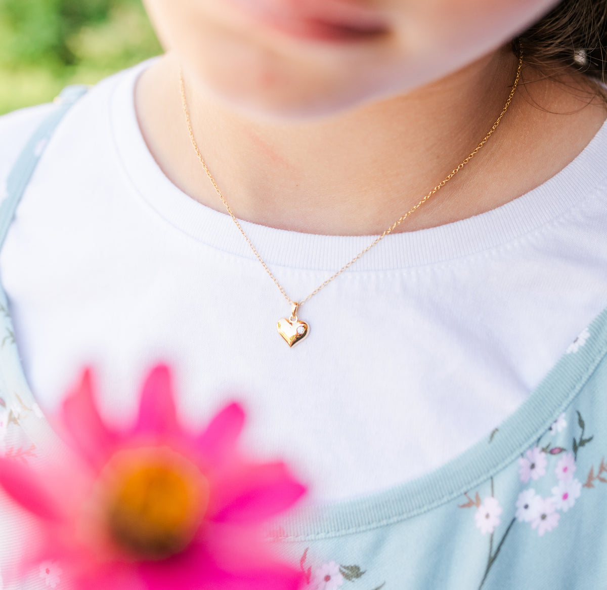Children's 14K Gold Plated Puff Heart Necklace for Little Girls