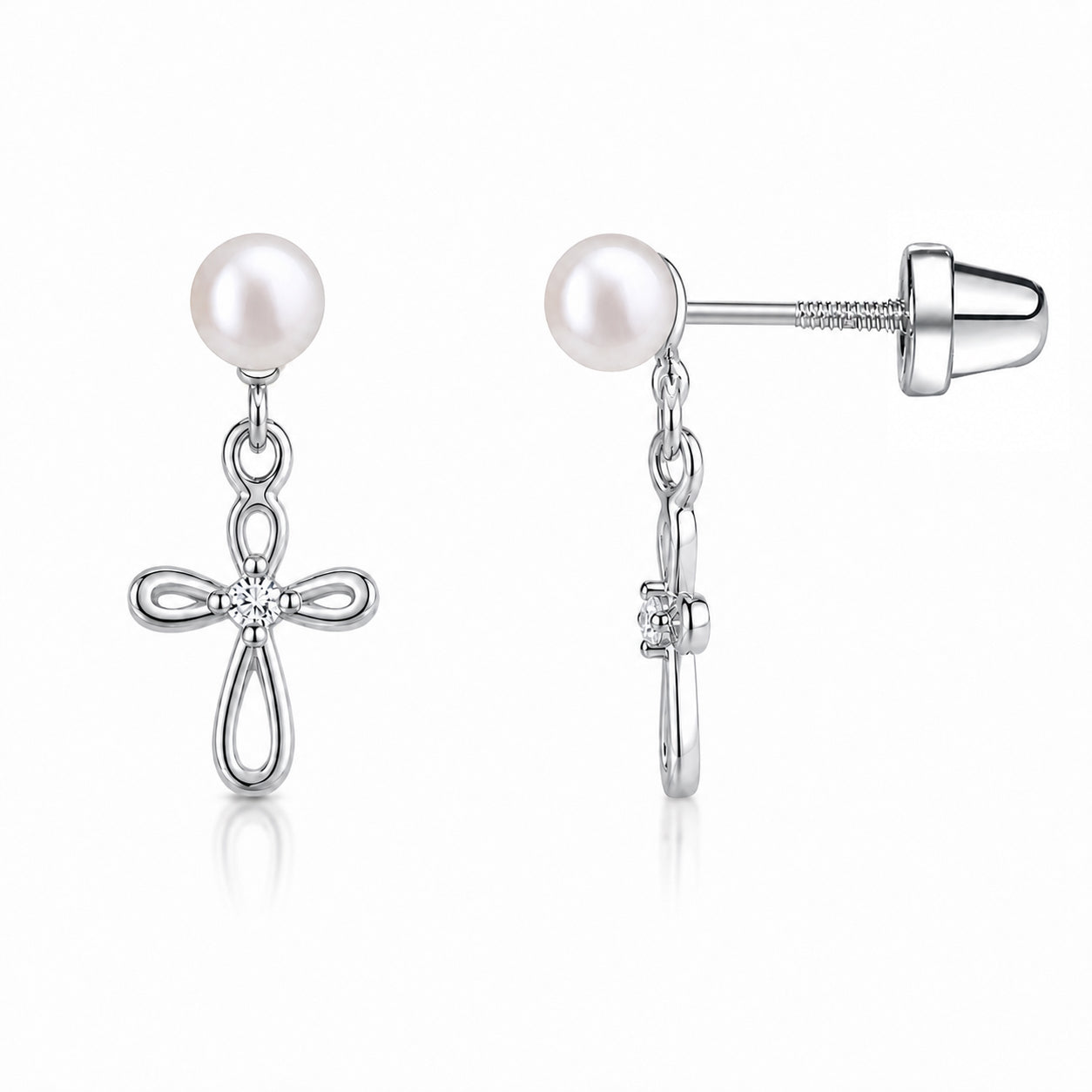 Girls Infinity Freshwater Pearl or CZ Cross Dangle Earrings in