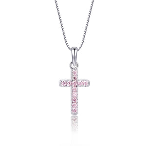 Girl's Sterling Silver Children's Pink CZ Cross Necklace Communion
