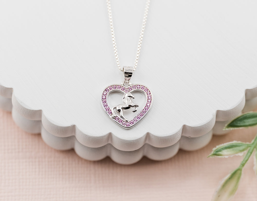 Girls Sterling Silver Pink Horse Necklace with Heart for Children