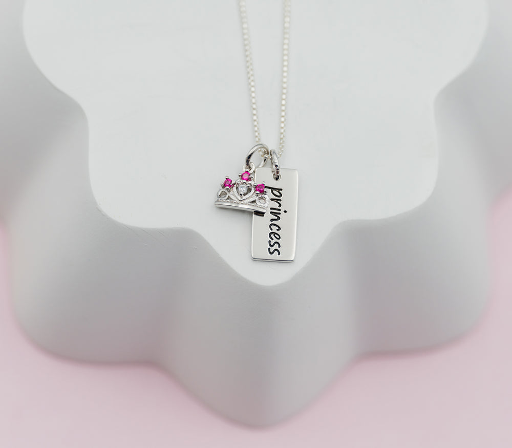 Kids Sterling Silver Princess Tiara Bar Necklace with Crown for