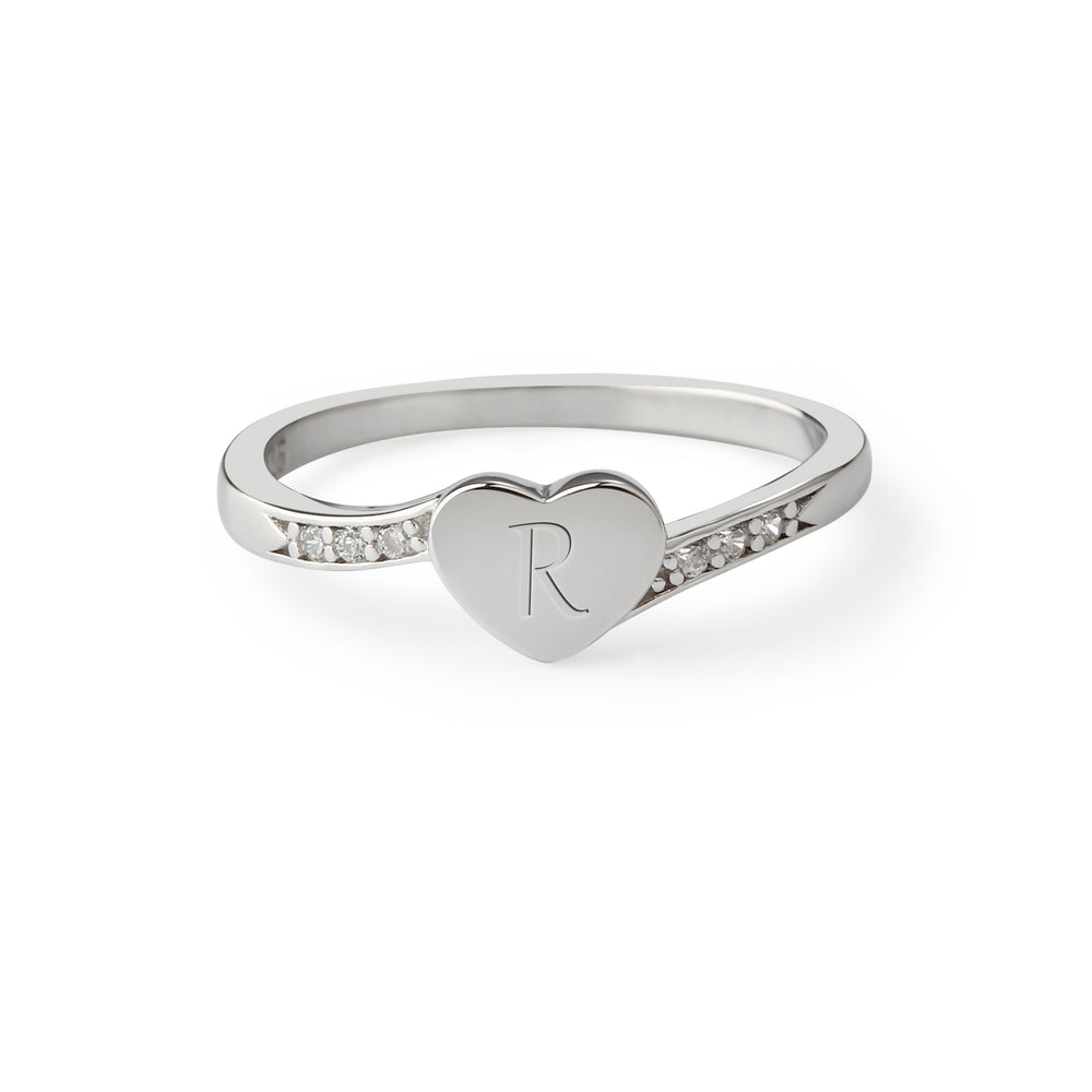Sterling Silver Heart Personalized Initial Ring w/ CZs for Toddlers, Kids, Little Girls