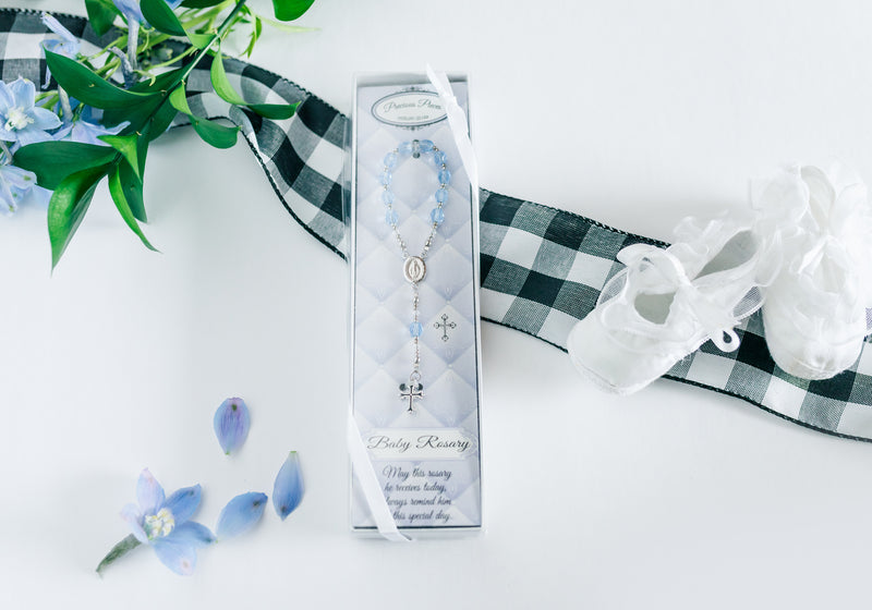 Sterling Silver Blue Baby Rosary Baptism Gift - Cherished Moments Jewelry