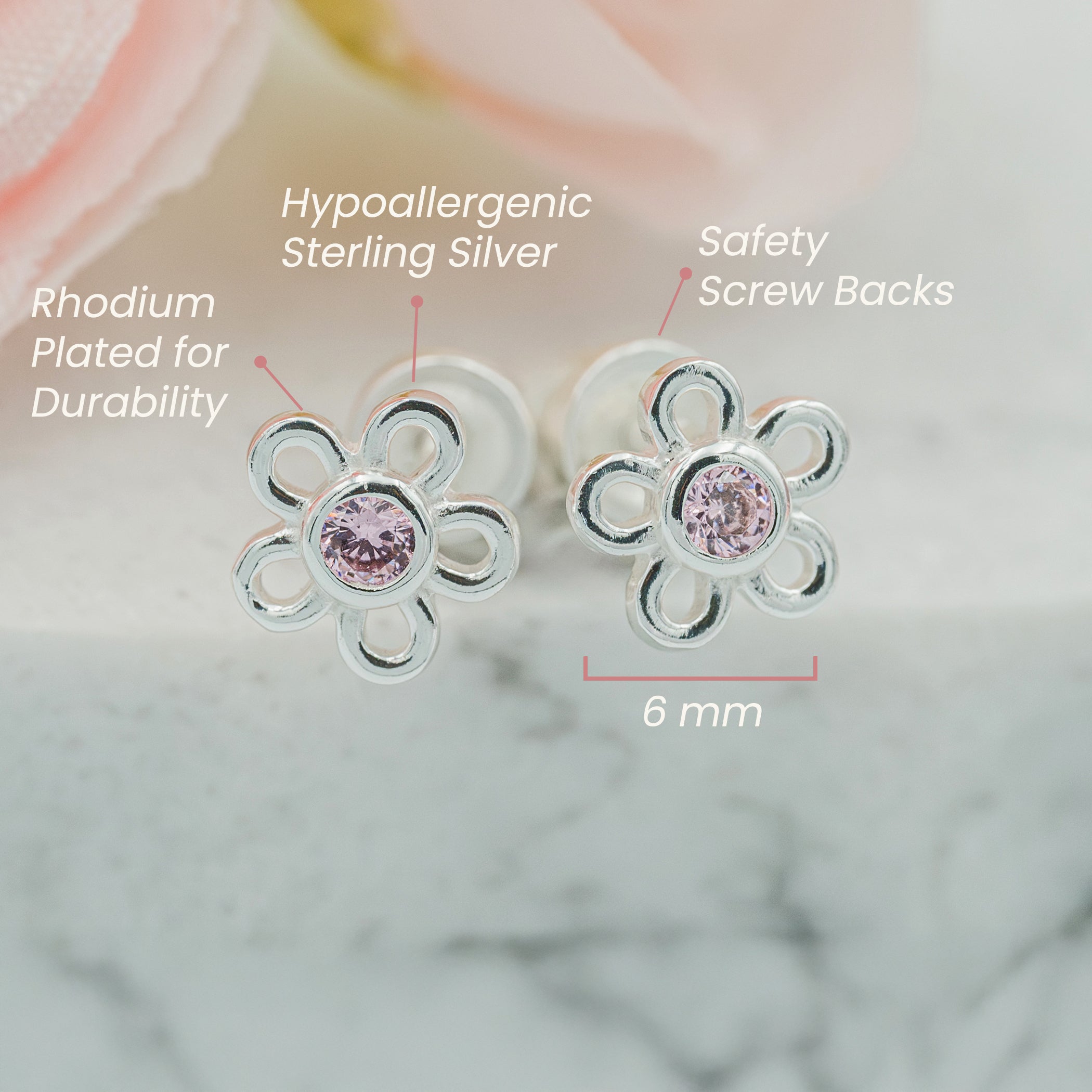   DAISY ピアス デイジー ピンク シルバー　925 Girls Birthstone Daisy Earrings in 14k Gold & Sterling Silver