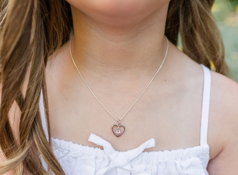 Sterling Silver Birthstone Dancing Heart Necklace for Girls - Cherished Moments Jewelry