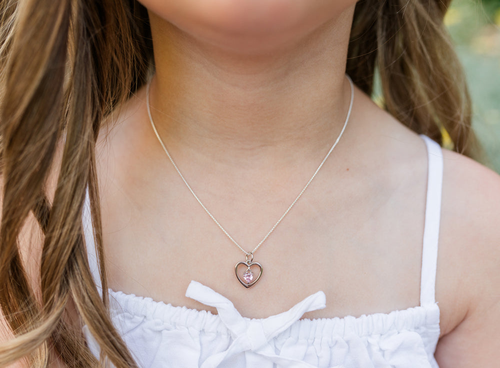Sterling Silver Birthstone Dancing Heart Necklace for Girls - Cherished Moments Jewelry