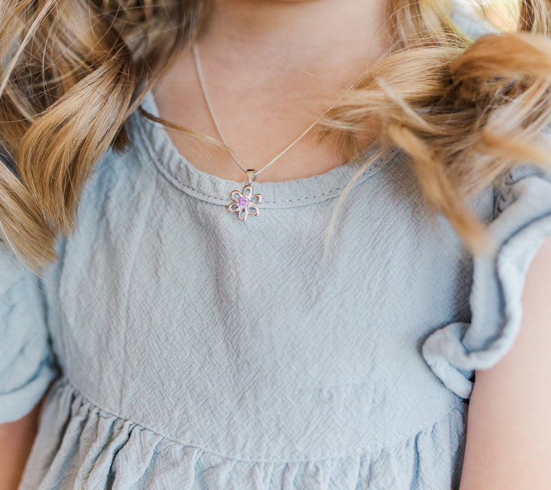 Sterling Silver Birthstone Daisy Flower Necklace for Little Girls - Cherished Moments Jewelry