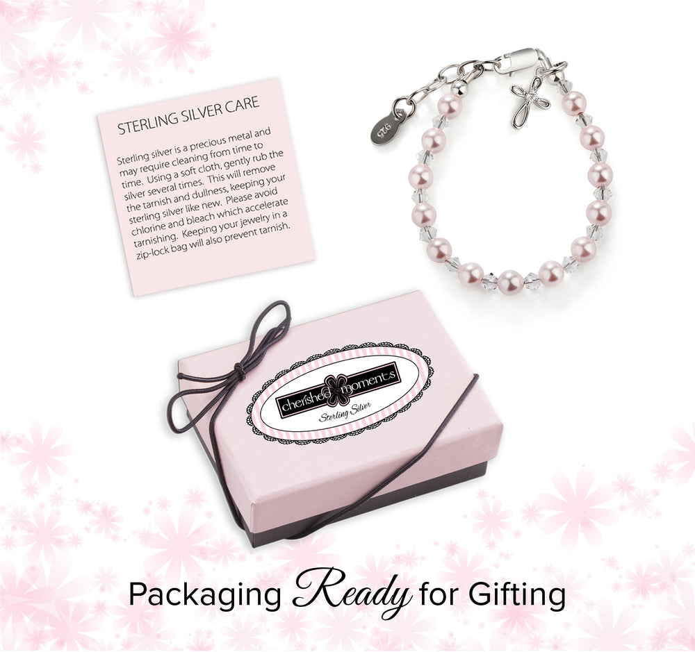 Sterling Silver Pink Simulated Pearl Cross Bracelet for Baptism and Communion Gifts