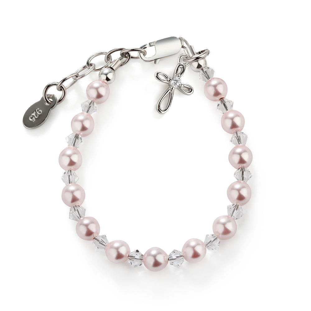 Sterling Silver Pink Simulated Pearl Cross Bracelet for Baptism and Communion Gifts