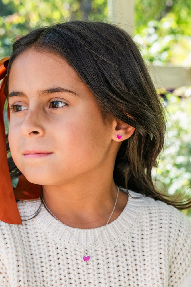 Sterling Silver Fuchsia Pink Heart Earrings for Babies, Toddlers and Kids