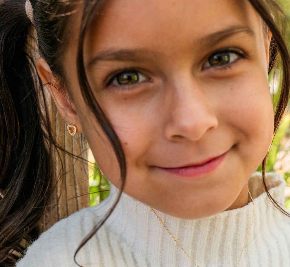 14K Gold Plated Heart Earrings with CZs and Screw Backs for Kids