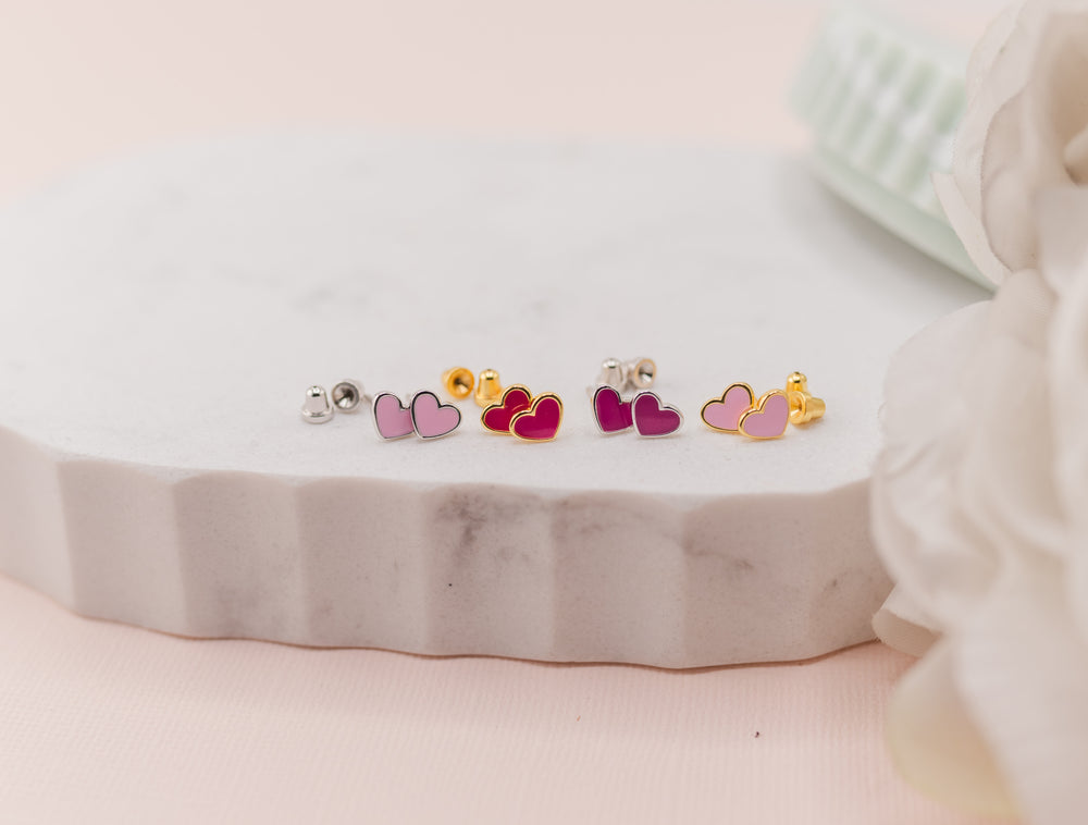 Sterling Silver Fuchsia Pink Heart Earrings for Babies, Toddlers and Kids