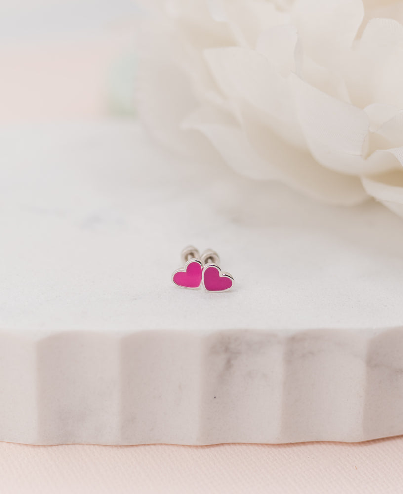 Sterling Silver Fuchsia Pink Heart Earrings for Babies, Toddlers and Kids
