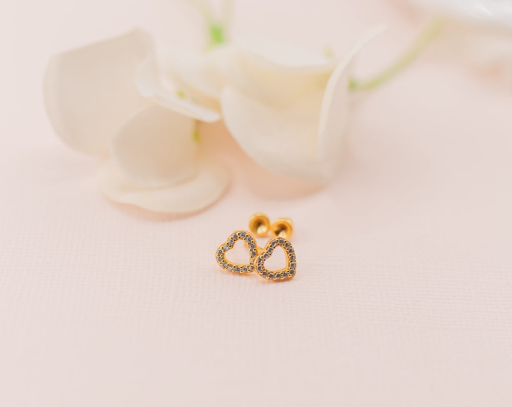 14K Gold Plated Heart Earrings with CZs and Screw Backs for Kids