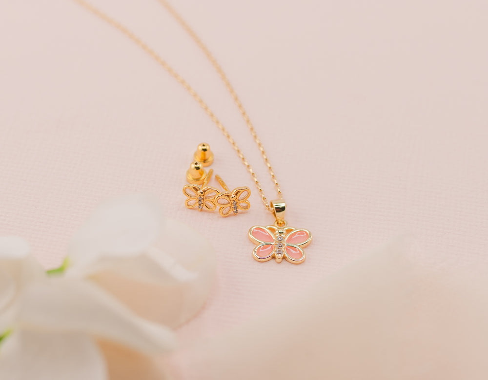14K Gold Plated Kid's Pink Butterfly Earrings with CZs