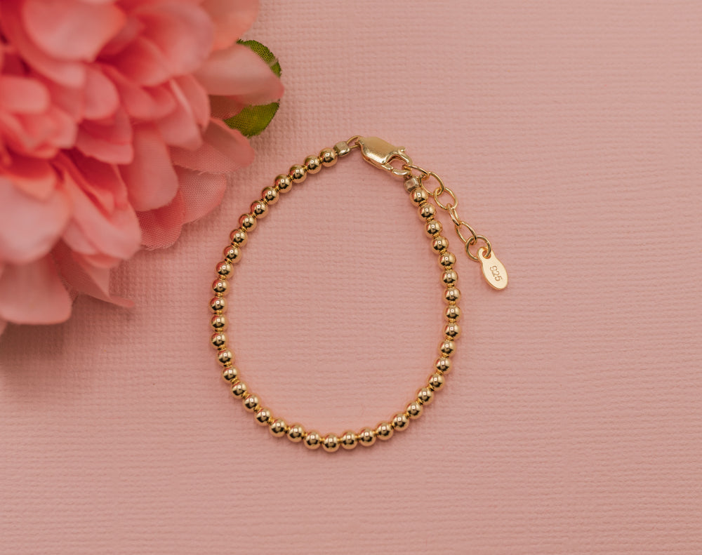 14K Gold-Plated Kids 4mm Beaded Bracelet Bracelet for Little Girls, Teens and Women