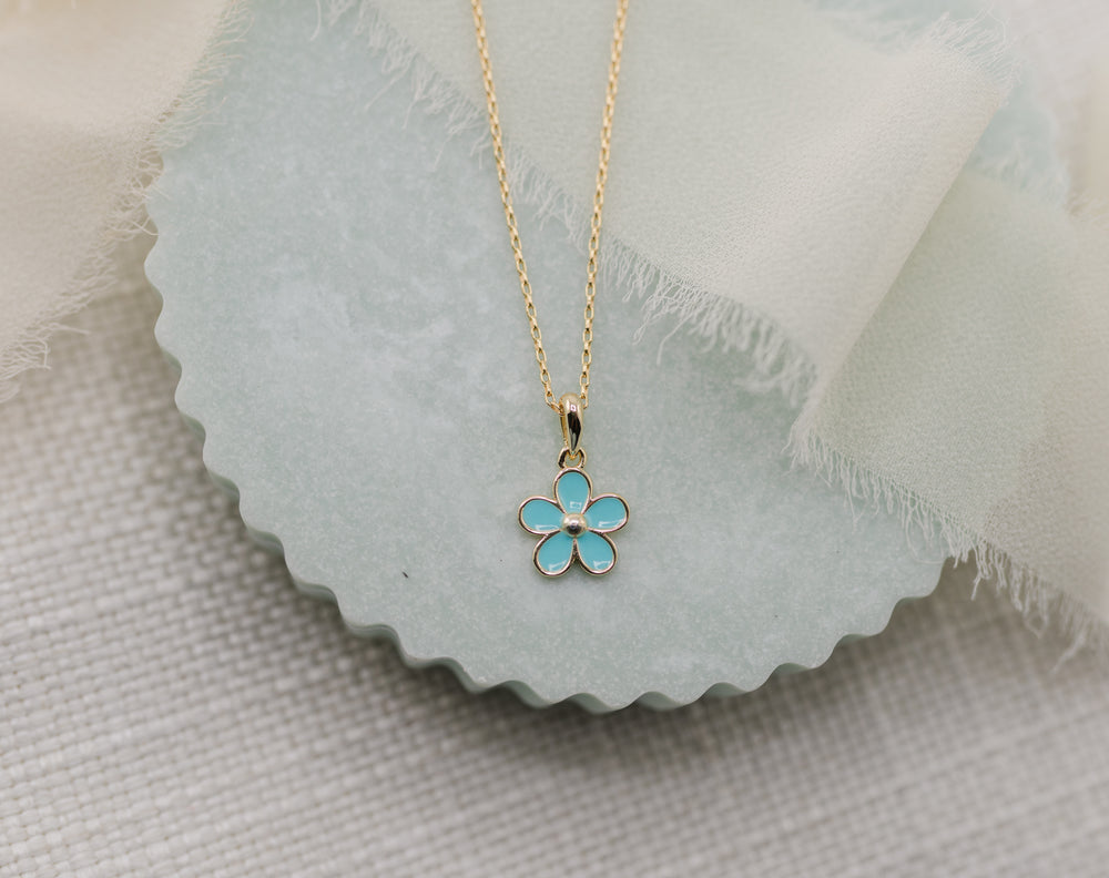 Children's 14K Gold Plated Aqua Daisy Necklace for Girls & Kids