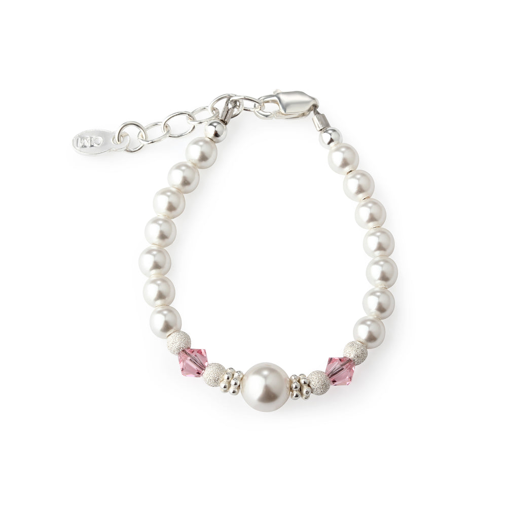 Sterling Silver Simulated Pearl & Pink Crystal Bracelet for Little Girls