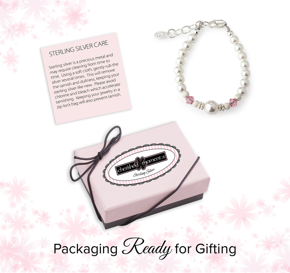 Sterling Silver Simulated Pearl & Pink Crystal Bracelet for Little Girls