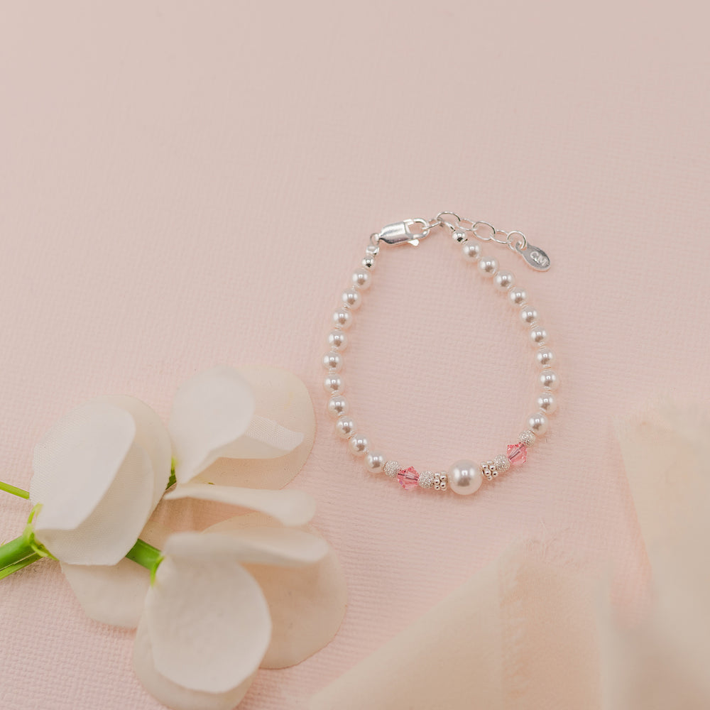 Sterling Silver Simulated Pearl & Pink Crystal Bracelet for Little Girls