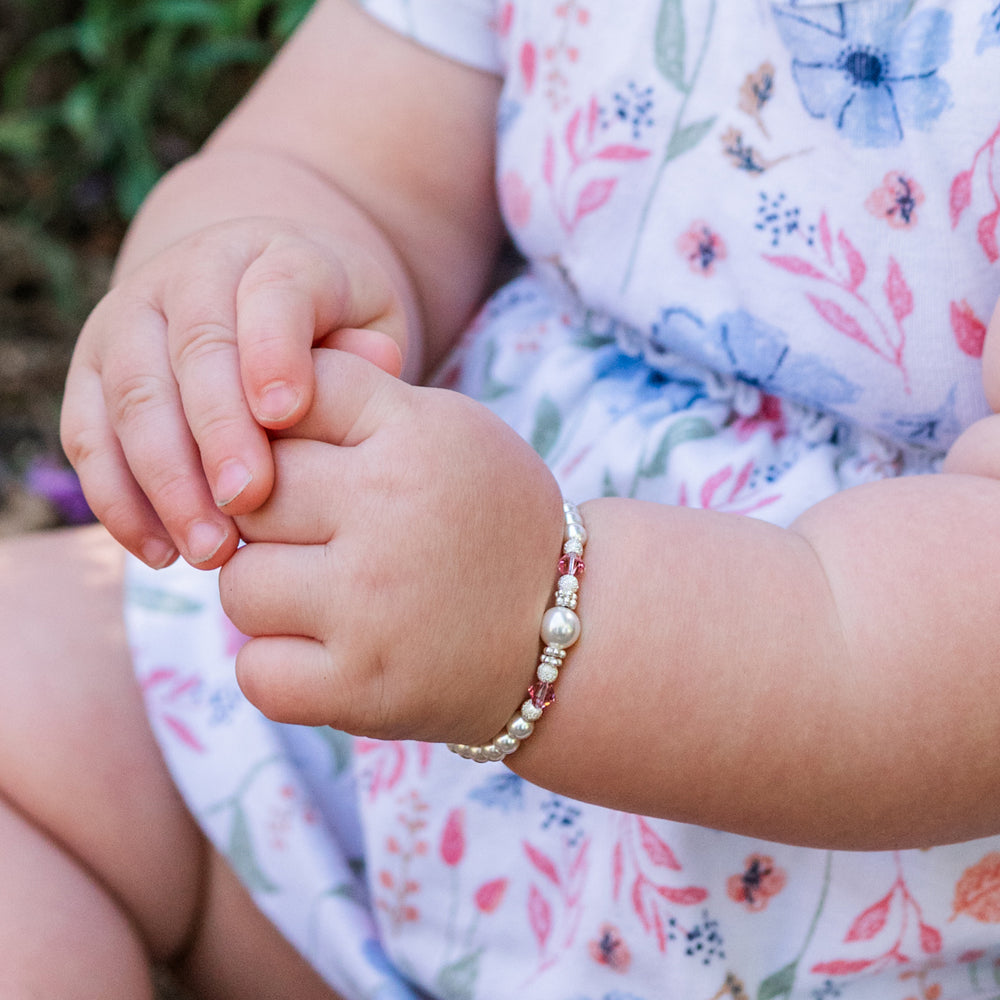 Sterling Silver Simulated Pearl & Pink Crystal Bracelet for Little Girls