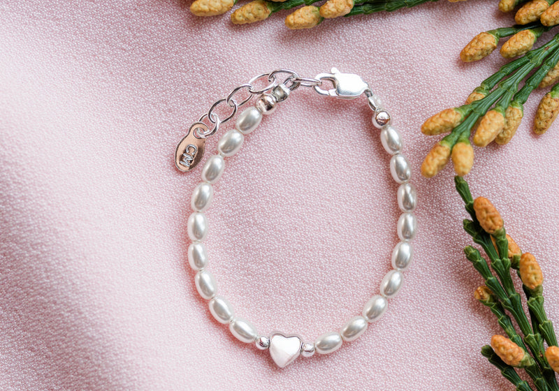 Sterling Silver Simulated Rice Pearl Baby Bracelet with Puff Heart for Kids - Cherished Moments Jewelry