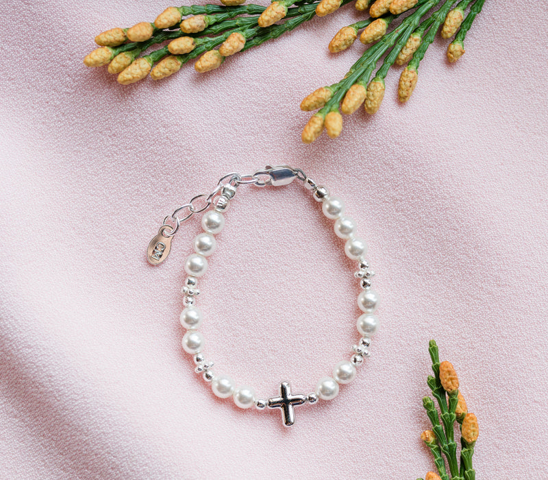 Girls Sterling Silver  Simulated Pearl with Cross Bracelet for Baptism or First Communion - Cherished Moments Jewelry