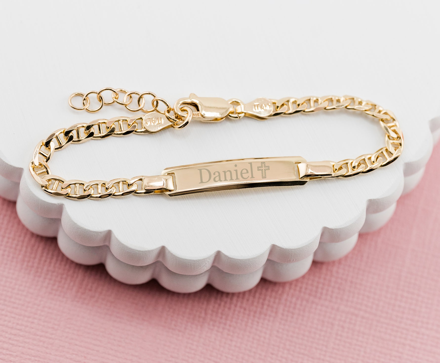 Sterling Silver and 14K Gold Plated Engraved ID Cross Bracelet
