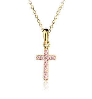 Girl's Sterling Silver Children's Pink CZ Cross Necklace Communion