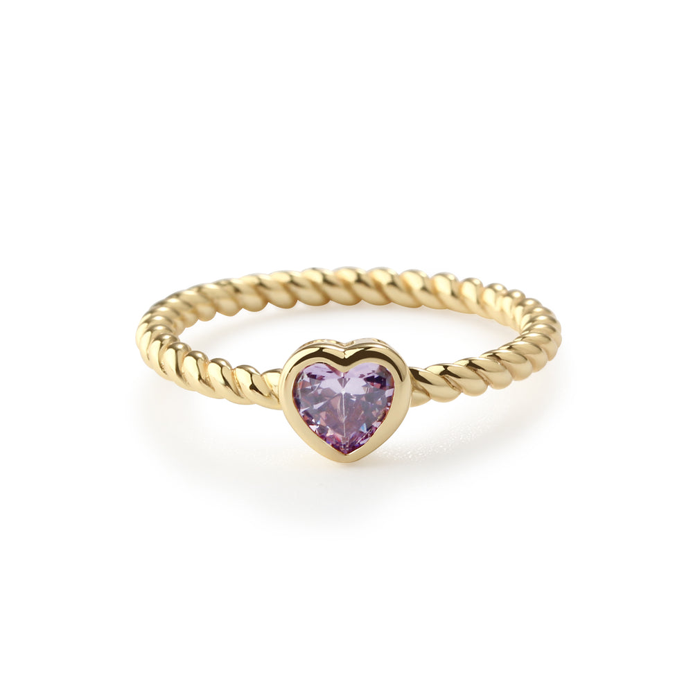14k Gold-Plated Heart CZ Birthstone Ring for Little Girls, Kids