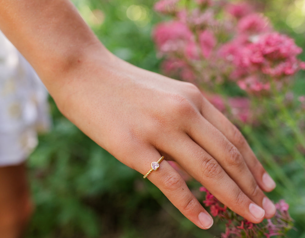 14k Gold-Plated Heart CZ Birthstone Ring for Little Girls, Kids