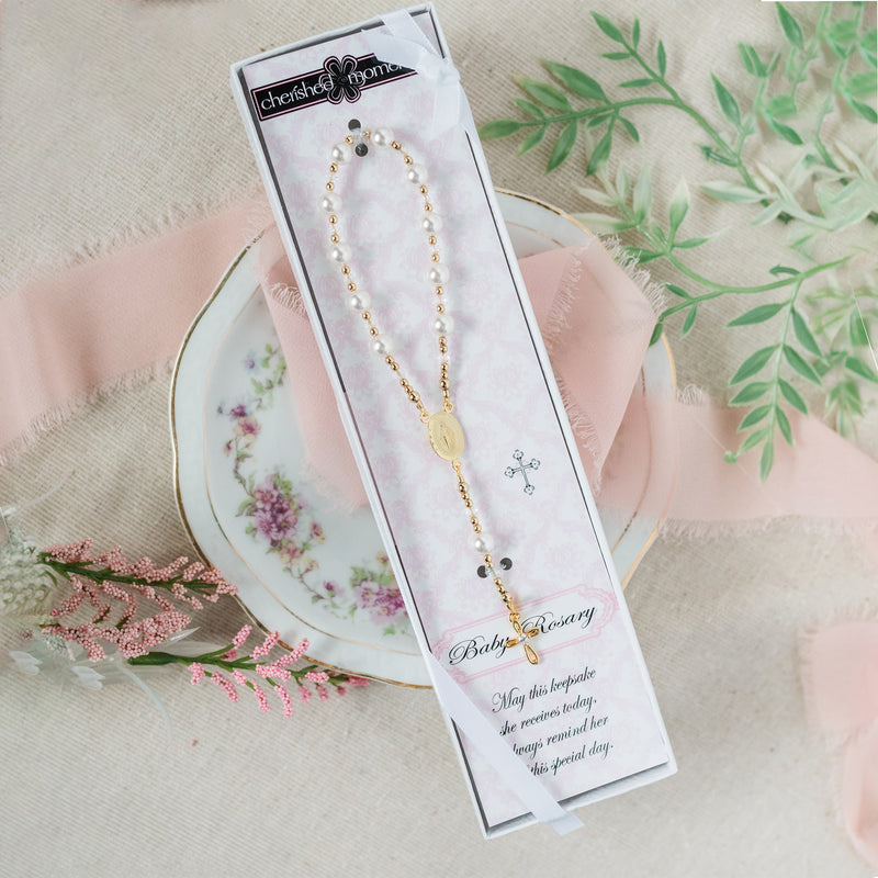 Traditional 14K Gold-Plated White Baby Rosary Baptism Gift