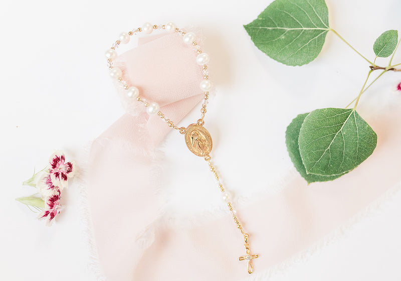 Beautiful 14K Gold-Plated White Baby Rosary Baptism Gift