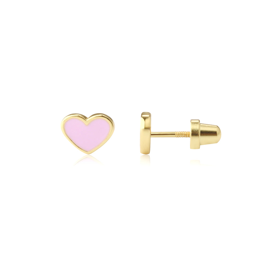 Girls 14K Gold Plated Pink Heart Earrings with Screw Backs for Kids