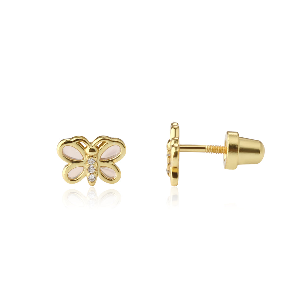 14K Gold Plated Kid's Pink Butterfly Earrings with CZs