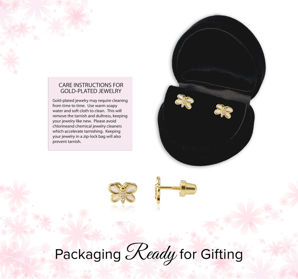 14K Gold Plated Kid's Pink Butterfly Earrings with CZs