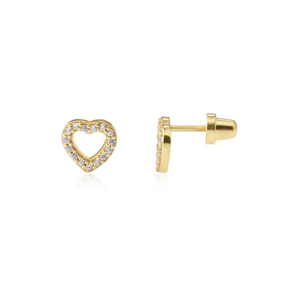 14K Gold Plated Heart Earrings with CZs and Screw Backs for Kids