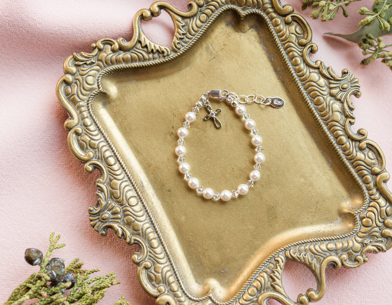 Sterling Silver Simulated Pearl and Cross Bracelet for Baptism, Christening, or Communion - Cherished Moments Jewelry