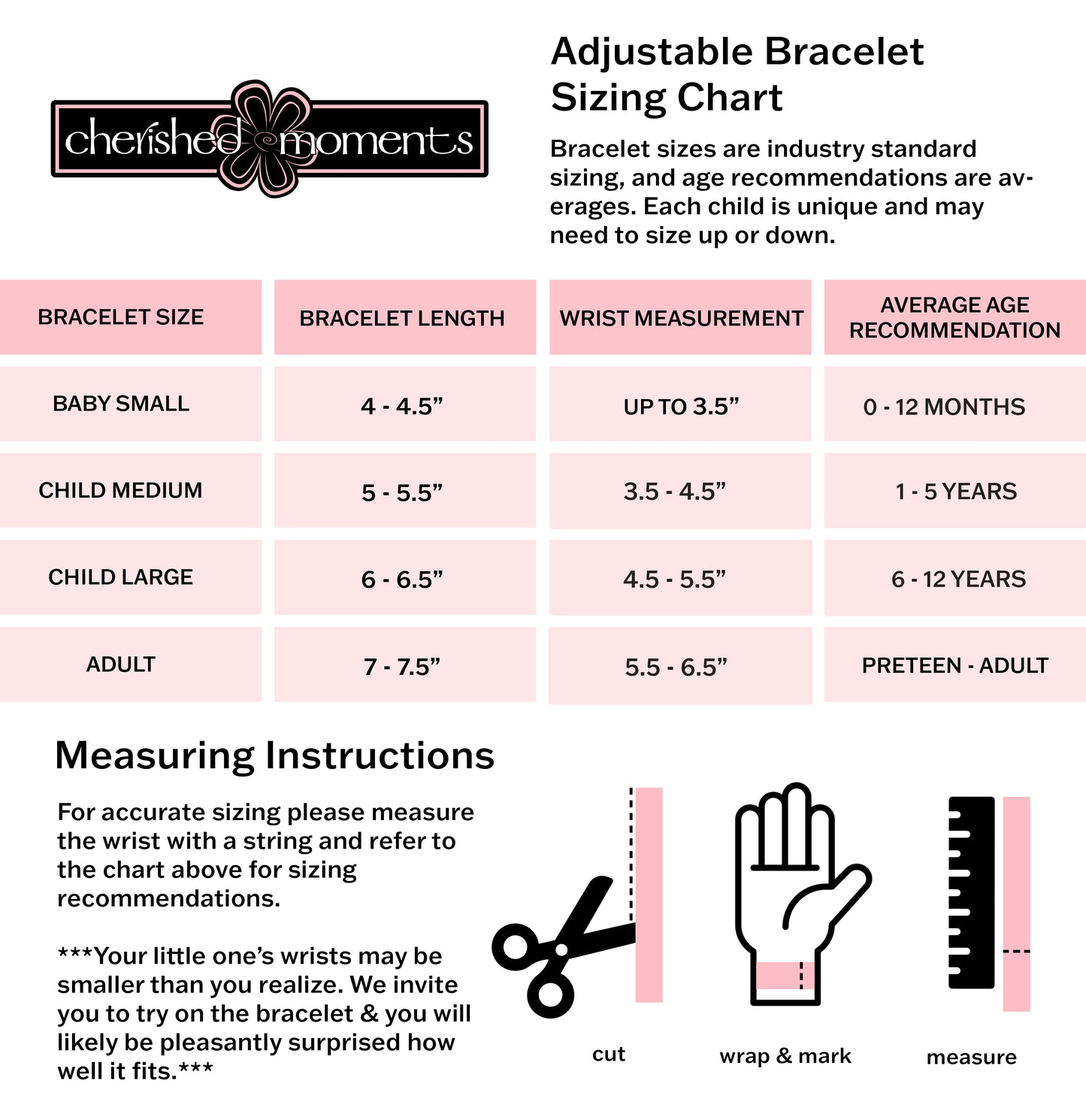 14K Gold-Plated Kids Bracelet with Heart Charm for Little Girls, Teens and Women - size chart 