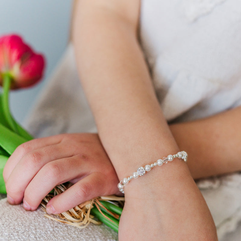 Sterling Silver White Simulated Pearl and Stardust Bracelet for Little Girls on arm