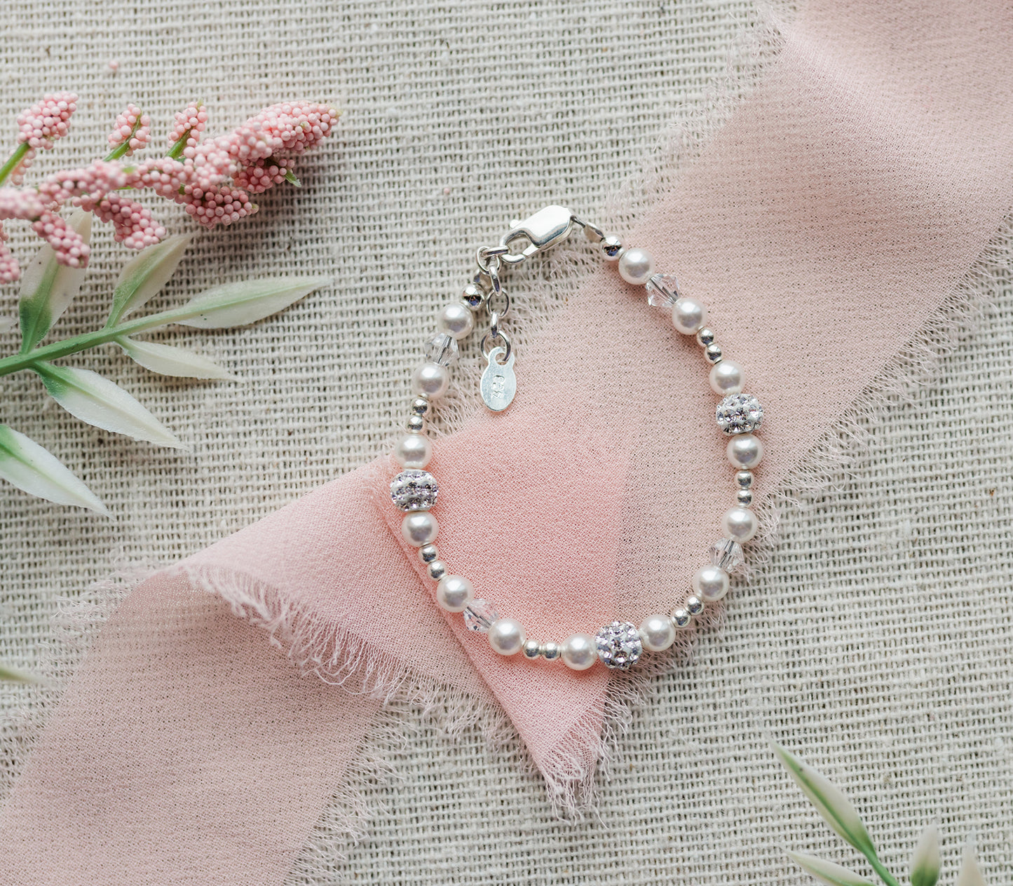 Beautiful Sterling Silver White Simulated Pearl and Stardust Bracelet for Little Girls