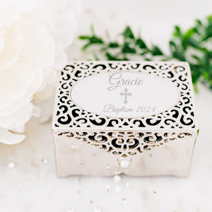 Custom Engraved Silver Jewelry Box for Baptism, First Communion