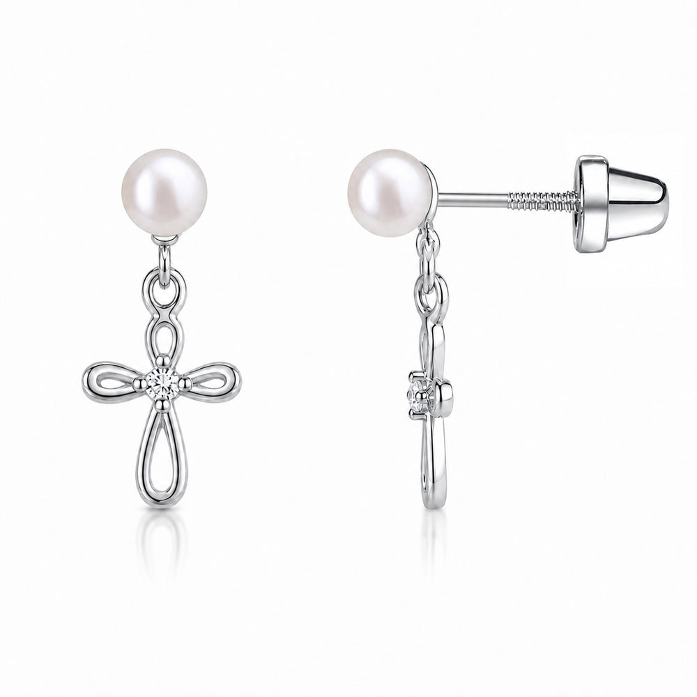 Girls Infinity Freshwater Pearl or CZ Cross Dangle Earrings in