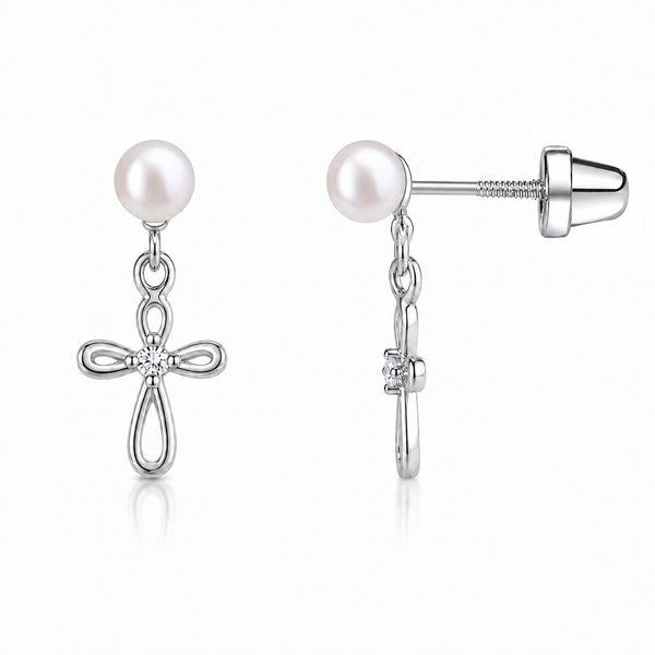 Girls Infinity Freshwater Pearl or CZ Cross Dangle Earrings in
