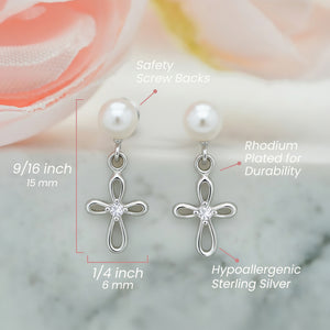 Girls Infinity Freshwater Pearl or CZ Cross Dangle Earrings in