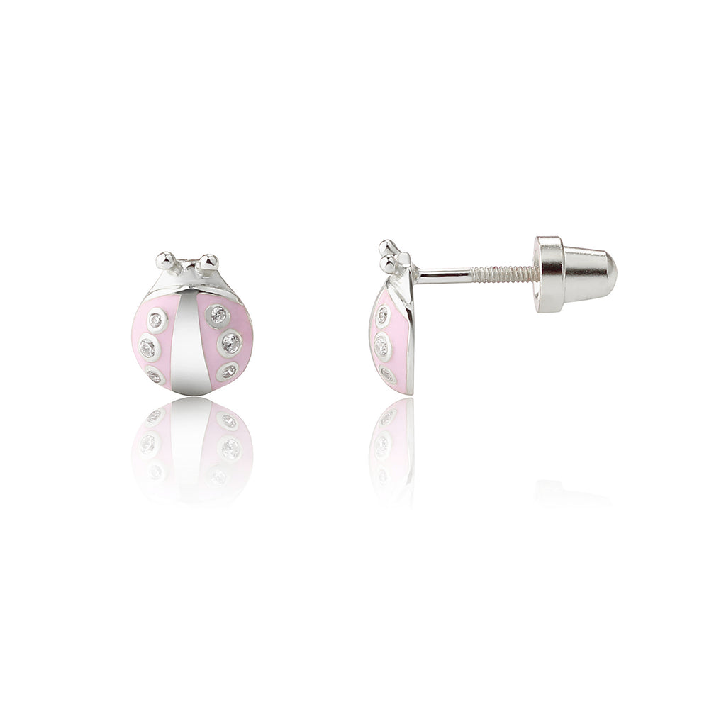 Sterling Silver Pink Ladybug Earrings for Toddlers and Little Girls