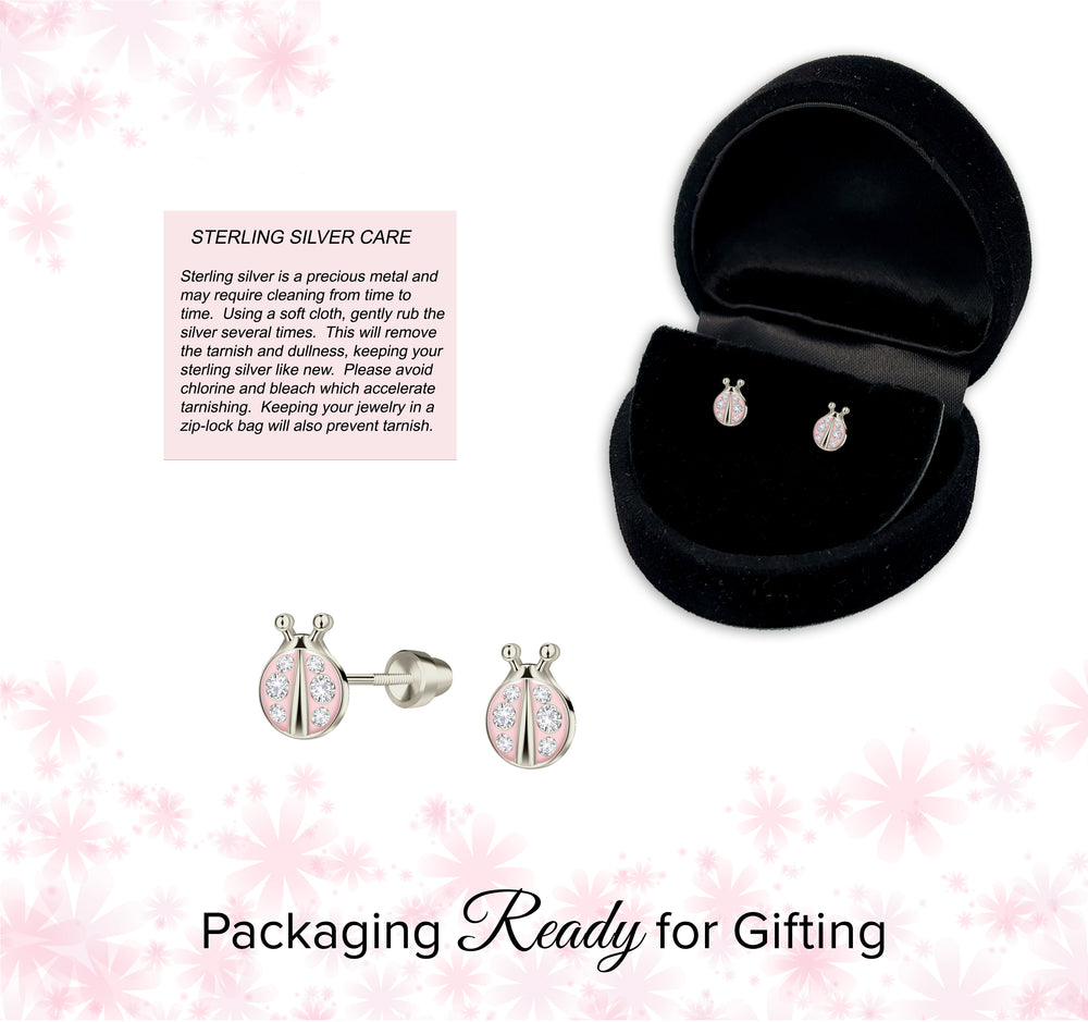 Sterling Silver Pink Ladybug Earrings for Toddlers and Little Girls
